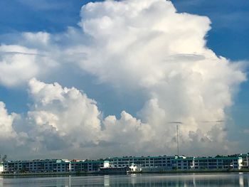 Panoramic view of sea and buildings against sky