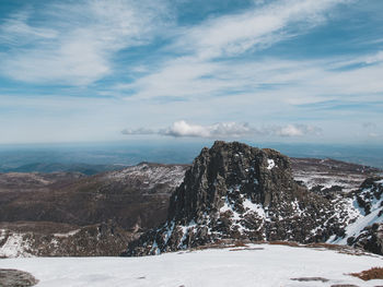 Scenic view of snowcapped mountains against sky