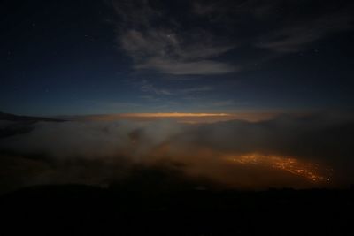 Scenic view of silhouette mountain against sky at night