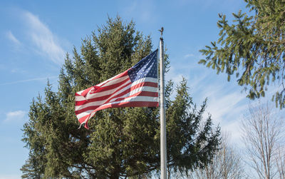 Low angle view of flag against sky