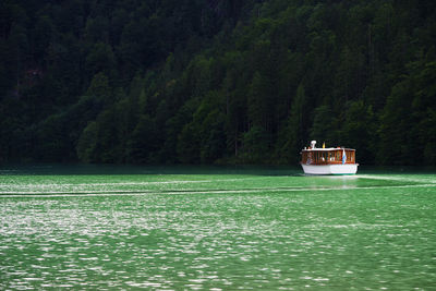 Boat sailing on sea by trees