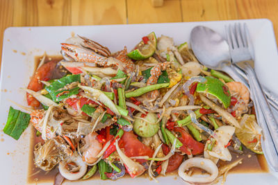 High angle view of meal served on table