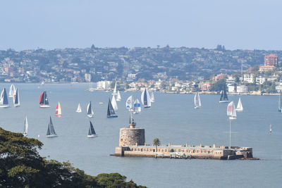 Sailboats in sea against buildings in city