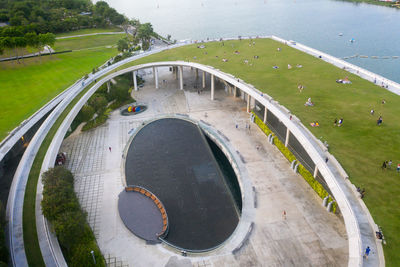 High angle view of bridge over road in city