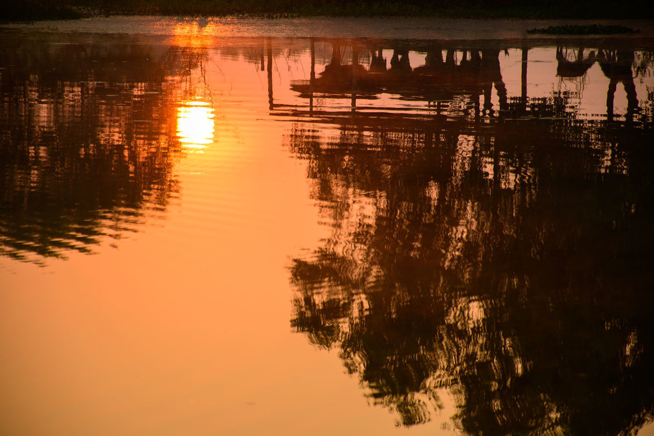 SCENIC VIEW OF LAKE AGAINST ORANGE SKY