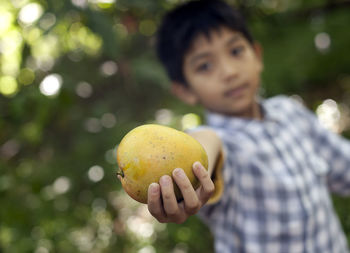 Close-up portrait of boy holding apple