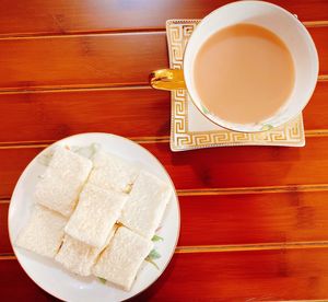 High angle view of breakfast on table