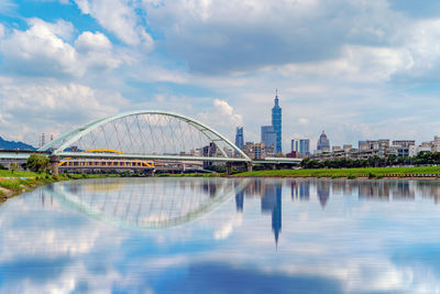 Bridge over river with buildings in background