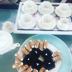 High angle view of dessert on table