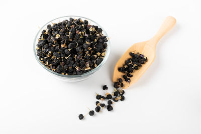 High angle view of food on table against white background