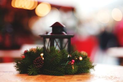 Close-up of christmas decoration on table