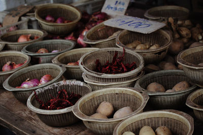 High angle view of vegetables for sale at market stall