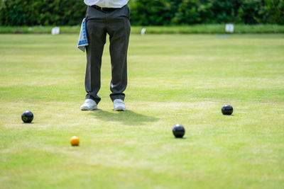 Low section of person standing on grass by balls