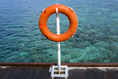 Close-up of coin-operated binoculars by sea against sky