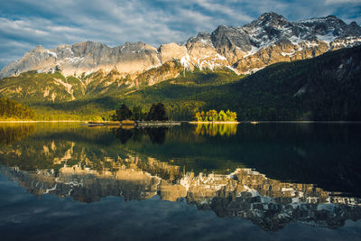 Scenic view of lake and mountains against sky