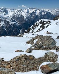 Scenic view of snow covered mountains against sky