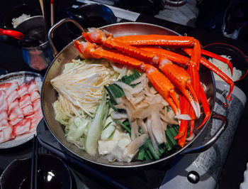 High angle view of meat in cooking pan