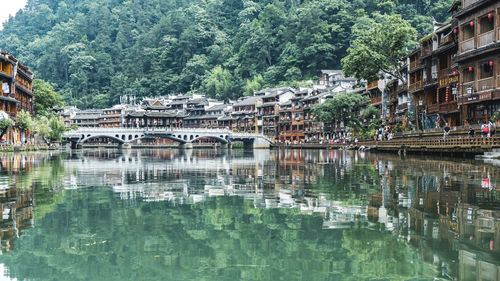 Reflection of buildings in lake