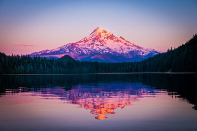 Scenic view of lake by snowcapped mountains against sky during sunset