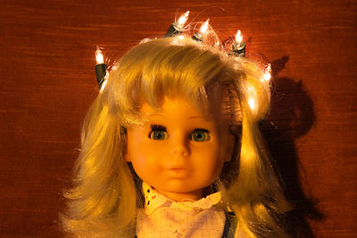 Close-up of doll with illuminated light