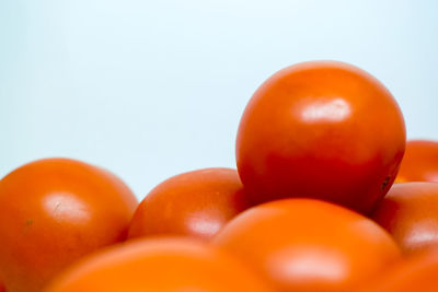 Close-up of orange eggs against white background