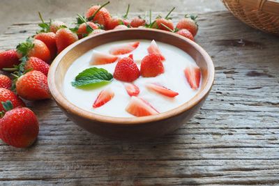 High angle view of strawberries in bowl on table