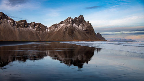 Scenic view of vestrahorn at the black sand beach in iceland