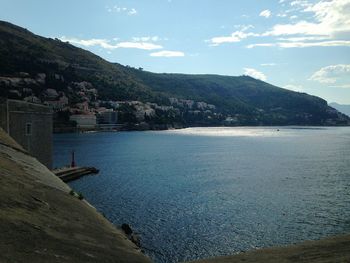 Scenic view of sea by cityscape against sky