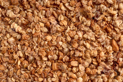 Organic granola with oats, raisins, nuts. textured background of muesli flakes. healthy nutrition