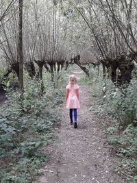 Rear view of woman walking on footpath in forest