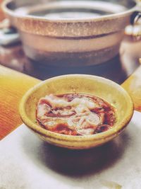 High angle view of soup in bowl on table