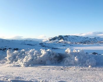 Scenic view of snowcapped mountains against clear blue sky