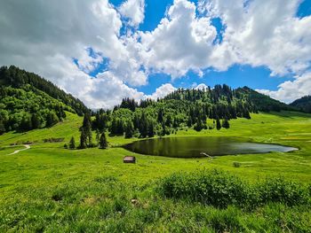 Scenic view of lake and trees against sky