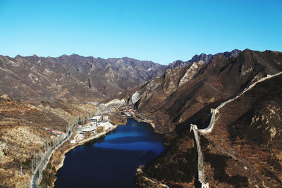 Scenic view of mountains against clear blue sky