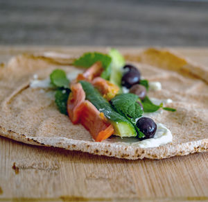 Close-up of pizza in plate on table