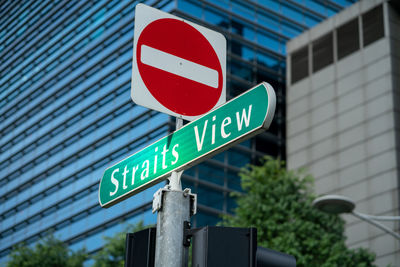 Low angle view of road sign against building