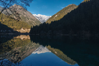 Scenic view of lake by mountains against sky