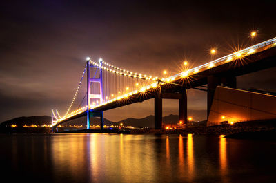 Illuminated bridge over calm river at night
