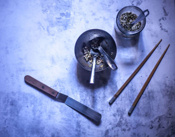 Close-up high angle view of food on table