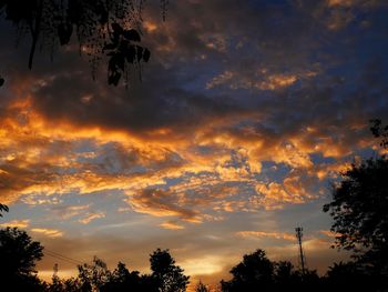 Low angle view of silhouette trees against dramatic sky