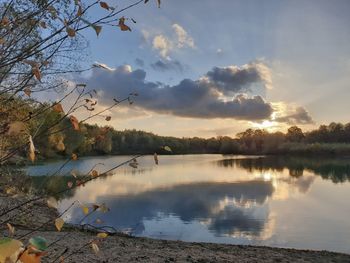 Scenic view of lake against sky at sunset