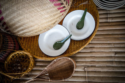 High angle view of bread in basket on table