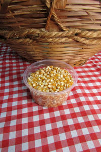 High angle view of eggs in basket