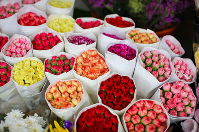 High angle view of roses on display at market stall