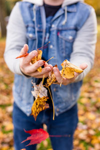 Midsection of man holding autumn leaves