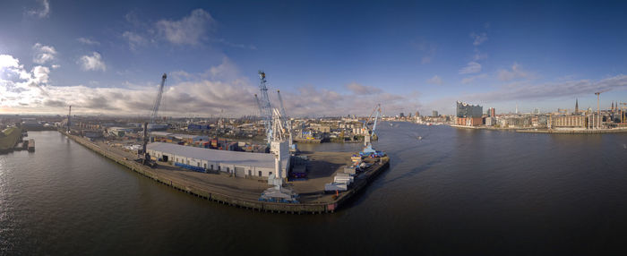 Panoramic view of commercial dock against sky