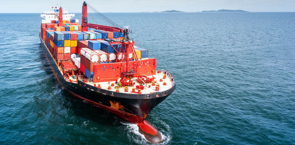 High angle view of red ship in sea