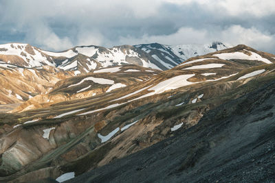 Aerial view of snowcapped mountains against sky