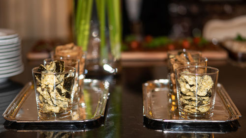 Close-up of beer glass on table