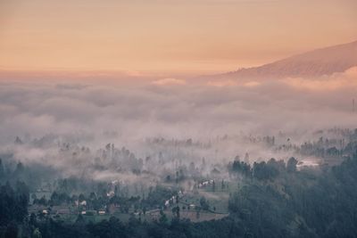 High angle view of landscape against sky during sunset